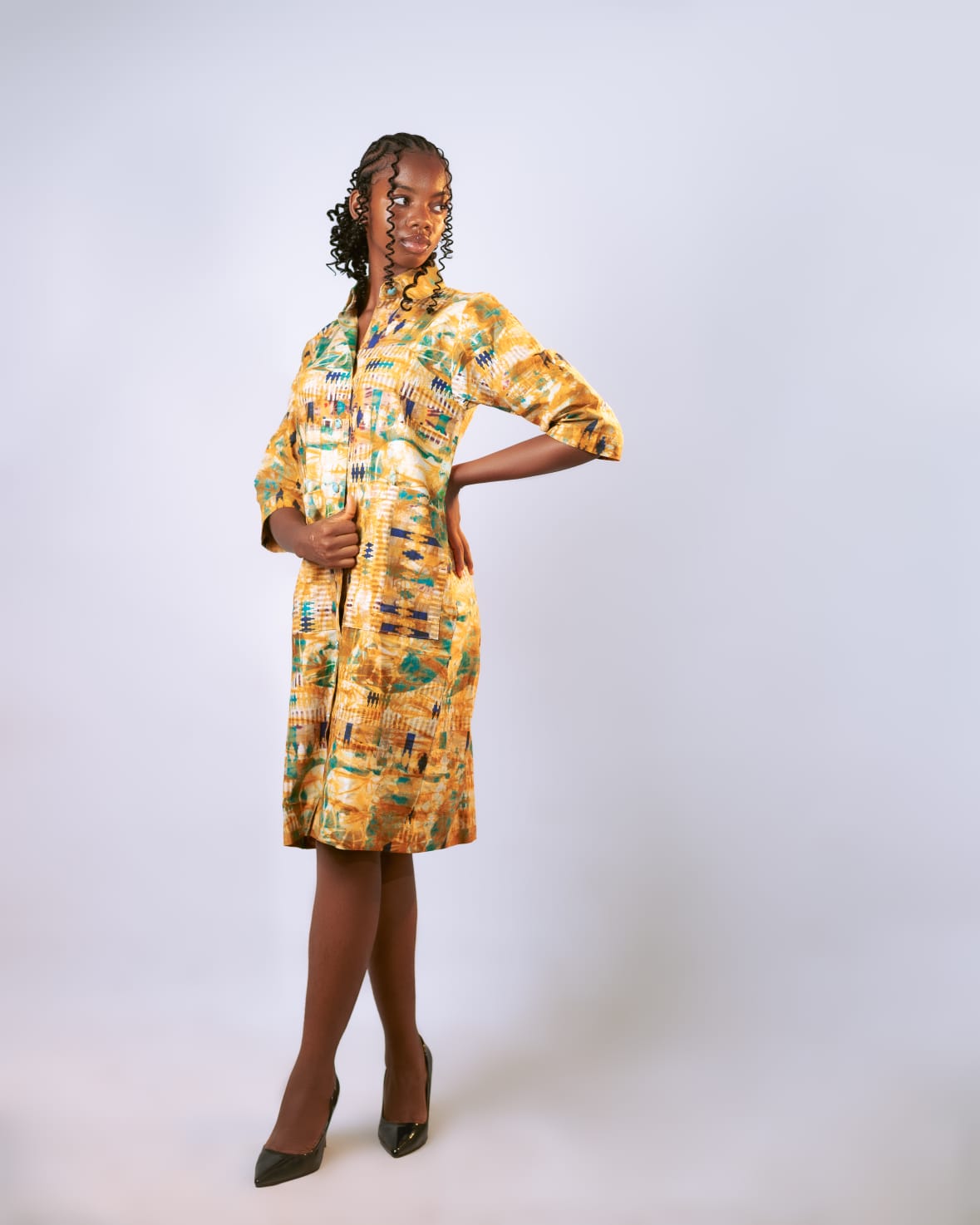 The She Multicolored Adire Cotton Shirt Dress L