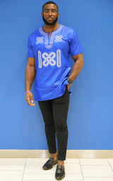 AADAN Blue African Dashiki Men Short Sleeve Shirt