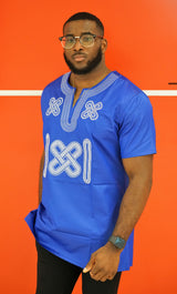 AADAN Blue African Dashiki Men Short Sleeve Shirt