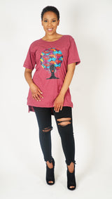 ADAEZE African Print Burgundy Afro Embossed Women T -Shirt