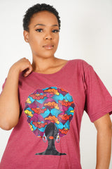 ADAEZE African Print Burgundy Afro Embossed Women T -Shirt