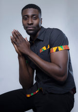 Kente Short Sleeve Button Shirt Casual for Men, Black Color