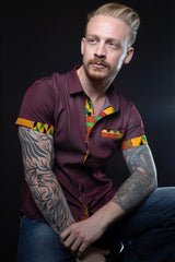 Kente Short Sleeve Shirt Casual for Men, Maroon Color