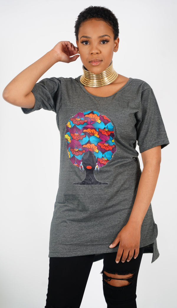 ADAEZE African Print Grey Afro Embossed  Women T -Shirt