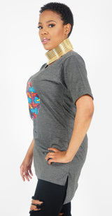 ADAEZE African Print Grey Afro Embossed  Women T -Shirt