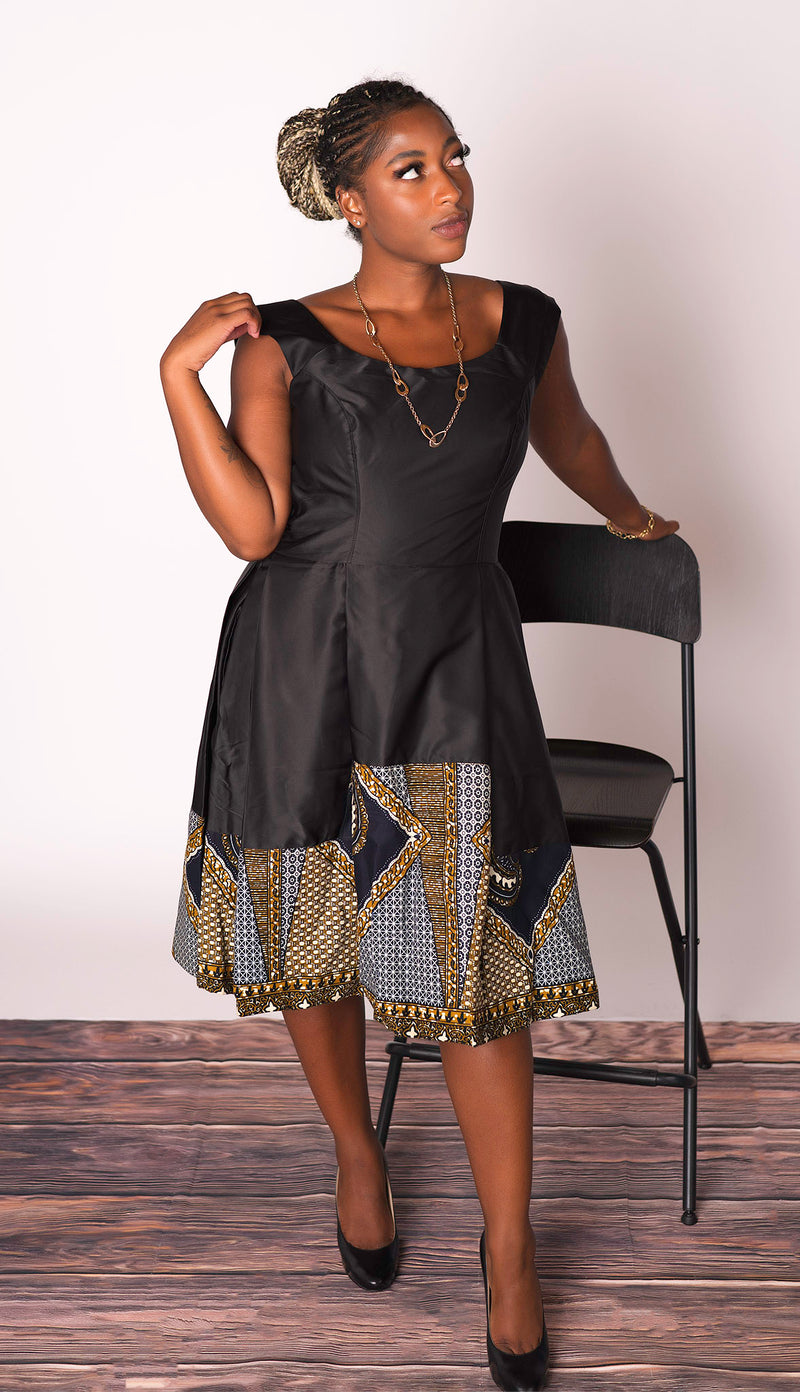 Sade African Print  Black Midi Dress