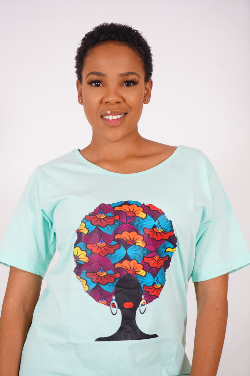 ADAEZE African Print Green Afro Embossed  Women T -Shirt