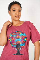 ADAEZE African Print Burgundy Afro Embossed  Women T -Shirt