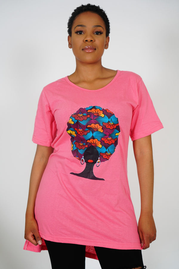 ADAEZE African Print Pink Afro Embossed  Women T -Shirt