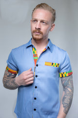 Kente Short Sleeve Button Shirt Casual for Men, Navy Blue Color