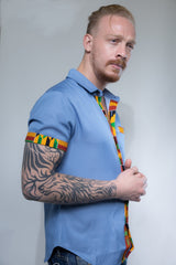 Kente Short Sleeve Button Shirt Casual for Men, Navy Blue Color