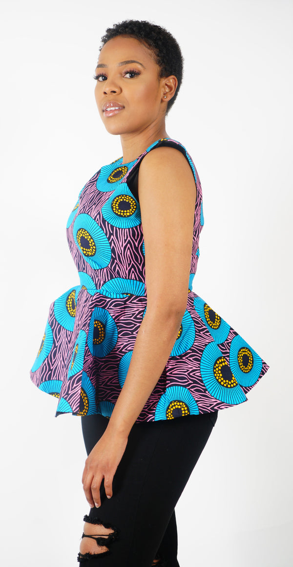 OMOTE African Print Peplum Sleeveless Top/Blouse